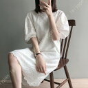 ワンピース レディース 夏 半袖 フレアスカート クルーネック 膝下丈 Aライン パフスリーブ シンプル 着痩せ フォーマル 通勤 ロングワンピース(4)