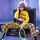 キッズ ダンス衣装 ヒップホップ チェック柄 HIPHOP 子供服 ダンスパンツ ギンガムチェック ジャズダンス衣装 ボトムス イエローチェックセット3点セット