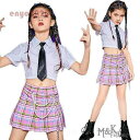 キッズ ダンス衣装 へそ出し トップス スカート チェック柄 チアダンス ヒップホップ 白 ネクタイ チアガール ジャズダンス 応援団 発表会 演出服 団体服