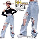 キッズ ダンス衣装 デニムパンツ HIPHOP デニム セットアップ ダメージパンツ 黒 トップス へそ出し 韓国 ヒップホップ キッズ ダンスパンツ 長ズボン...