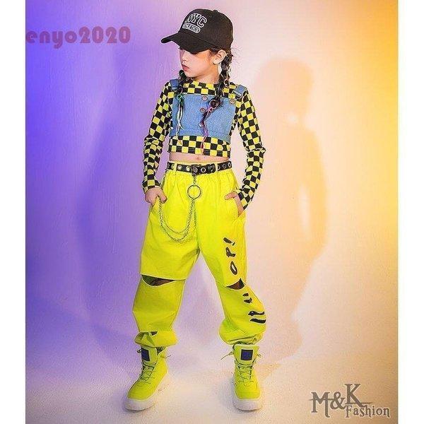 キッズ ダンス衣装 へそ出し チェック柄 トップス ベスト パンツ 女の子 ヒップホップ チアガール 蛍光色 ジャズダンス 子供 ステージ衣装 韓国 発表会 2