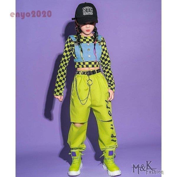 キッズ ダンス衣装 へそ出し チェック柄 トップス ベスト パンツ 女の子 ヒップホップ チアガール 蛍光色 ジャズダンス 子供 ステージ衣装 韓国 発表会 3