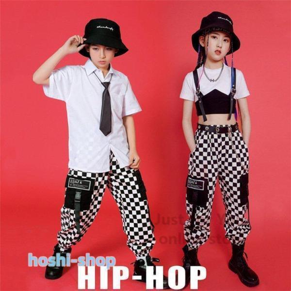 キッズダンス衣装 チアダンス チアガール へそ出し tシャツ カーゴパンツ チェック柄 ジャズ JAZZ 舞台..
