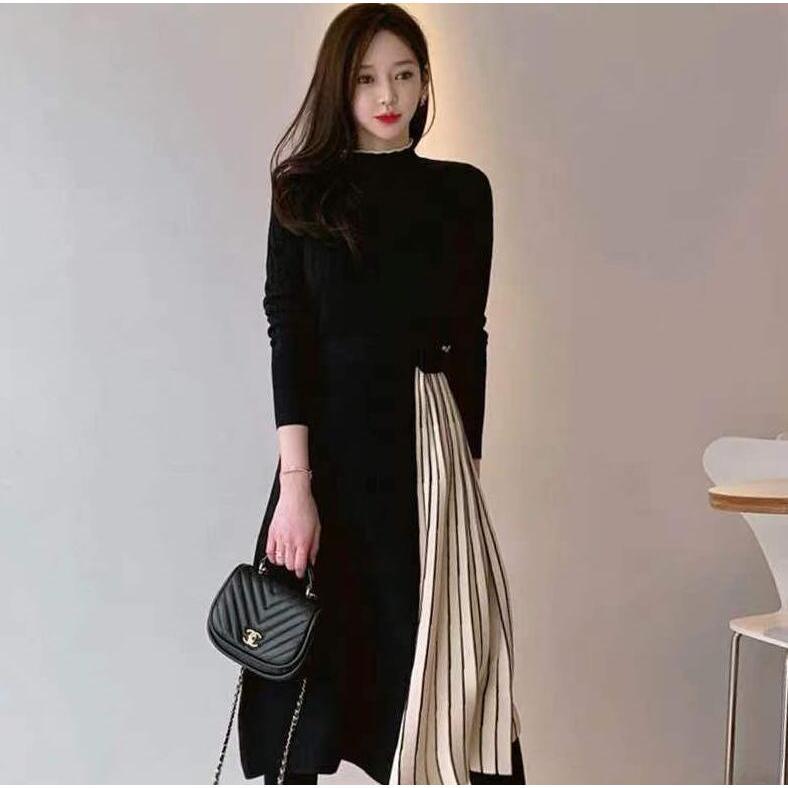 ワンピース ニットワンピース レディース 秋冬 きれいめ 冬 リブニット プリーツ切り替え 上品 膝丈 長袖 ベルト付き ロングワンピース ニット 30代 40代