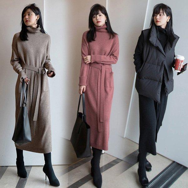 Rakuten - ニットワンピース レディース 40代 秋冬 長袖 ワンピース ニットセーター ハイネック きれいめ 上品 ロング丈 無地 ゆったり 韓国風 オシャレ