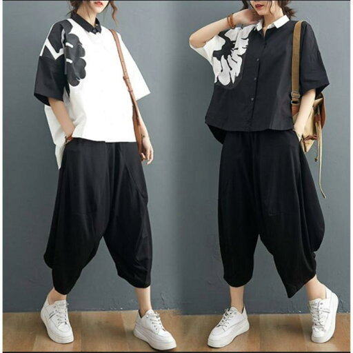 パンツ セットアップ レディース tシャツ ブラウス トップス ガウチョパンツ 綿麻混風 サルエルパンツ 九分丈 2点セット ゆったり 大きいサイズ カジュアル パンツ セットアップ レディース tシャツ ブラウス トップス ガウチョパンツ 綿麻混風 サルエルパンツ 九分丈 2点セット ゆったり 大きいサイズ カジュアル