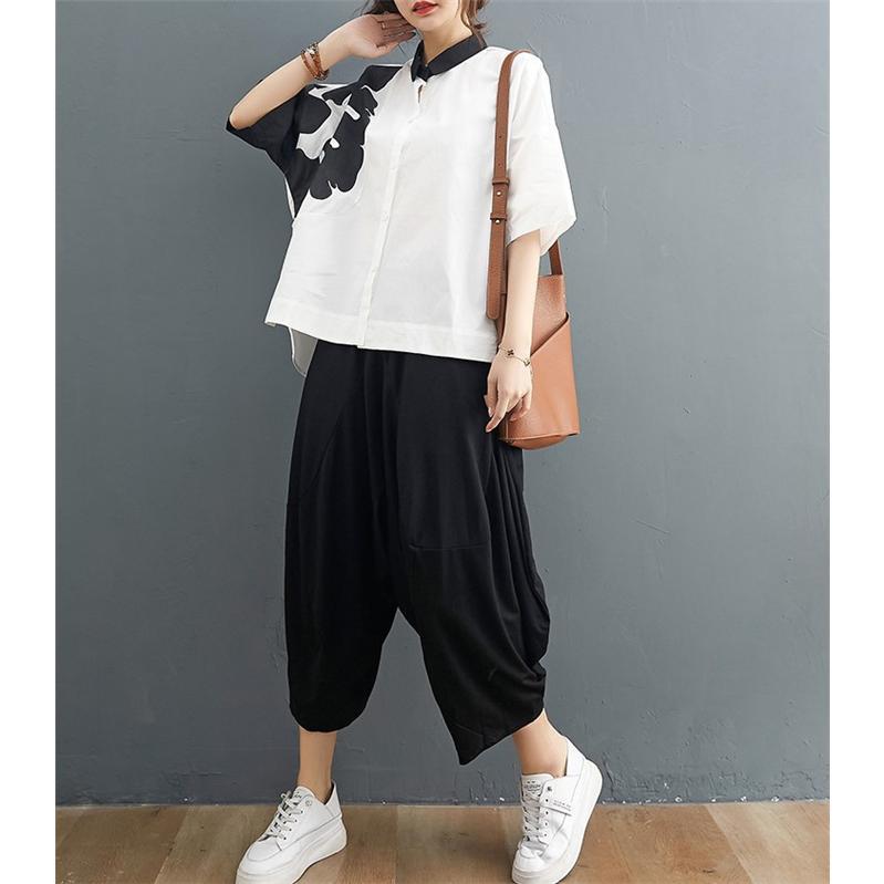 パンツ セットアップ レディース tシャツ ブラウス トップス ガウチョパンツ 綿麻混風 サルエルパンツ 九分丈 2点セット ゆったり 大きいサイズ カジュアル