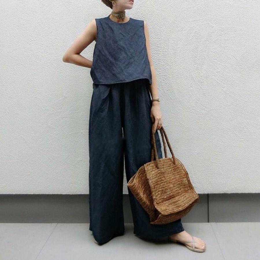 セットアップ レディース 夏ノースリーブブラウス シャツ デニムガウチョパンツ タンクトップ 40代 50代 トップス+パンツ カジュアル ゆったり 旅行 通勤 着痩せ