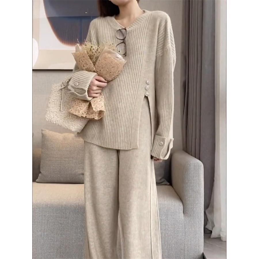 セットアップ レディース 秋冬 ニット カジュアル 上下セット パンツスーツ 重ね着 2点セット 暖か 長袖 パンツ セーター ニットパンツ ワイドパンツ カーディ