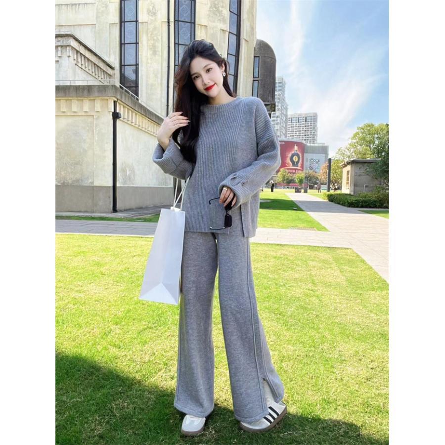 セットアップ レディース 秋冬 ニット カジュアル 上下セット パンツスーツ 重ね着 2点セット 暖か 長袖 パンツ セーター ニットパンツ ワイドパンツ カーディ