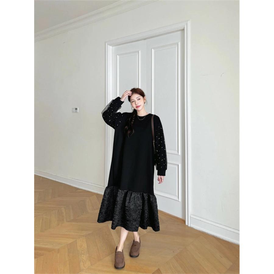 ワンピース レディース フリルワンピース スウェットワンピース 秋冬 きれいめ 長袖 ロングワンピース ドレス マキシ丈 ゆったり 長袖 体型カバー ポワン袖 着痩