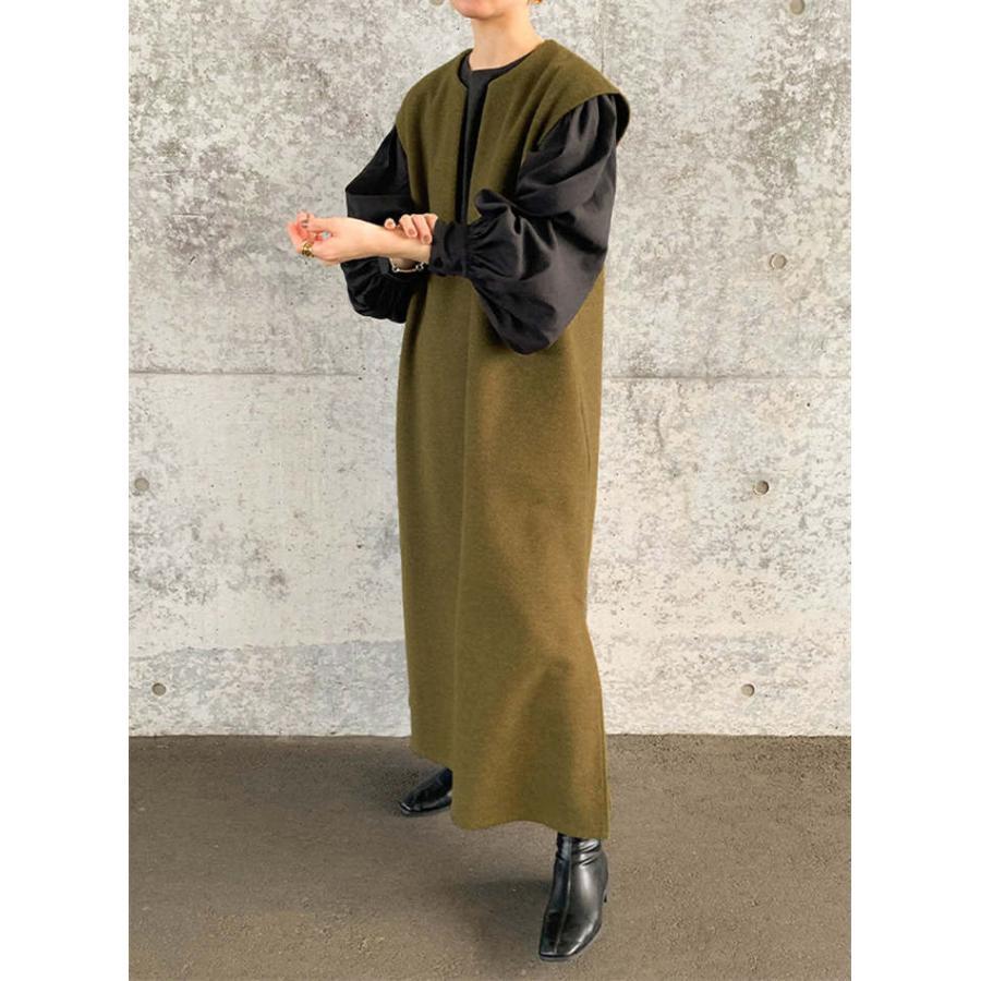 ワンピース レディース 春 秋 冬 Vネック ロングワンピース ノースリーブ ジャンパースカート ロング丈 無地 重ね着 レイヤード きれいめ スリット 厚手 オケー