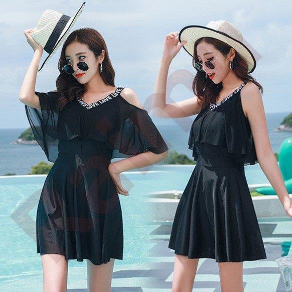 水着レディース 体型カバー 水着 ワンピース型 セパレート 肩出し 小胸バンドゥ 水着2点セット 黒 フリル 韓国風 40代 大きいサイズ 可愛い ウェア 温泉 ママ