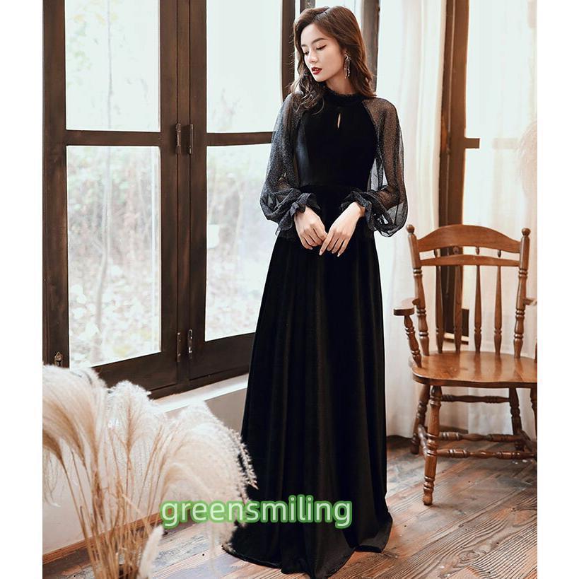 カラードレス パーティードレス 演奏会 発表会 イブニングドレス フォーマルドレス カクテルドレス コンサート コンクール ブラック ベルベット 長袖 ファスナー(4)