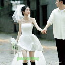 ウェディングドレス ミニドレス 前短後長ドレス ビスチェ ベアトップ サテン ワンピース 二次会 結婚式 前撮り ブライダル 花嫁 ウエディングドレス(4)