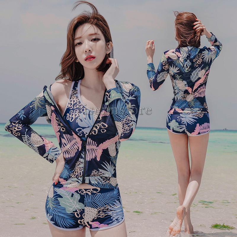 乐天商城 - 水着 レディース タンキニ3点セット 花柄 フィットネス セパレート 水着 上下セット パット ラッシュガード UVカット 長袖 体型カバー スイムウェア ビーチ 海