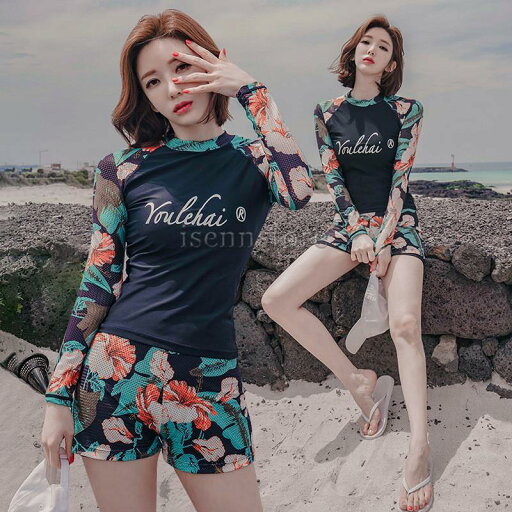 フィットネス水着 長袖 レディース セパレート トップス ショートパンツ2点セット体型カバー 花柄 ラッシュガード 日焼け止め サーフィン 水着 韓国ファッション フィットネス水着 長袖 レディース セパレート トップス ショートパンツ2点セット体型カバー 花柄 ラッシュガード 日焼け止め サーフィン 水着 韓国ファッション