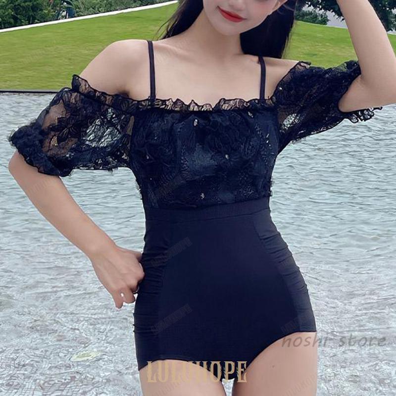 水着 レディース ワンピース 体型カバー オールインワン お洒落 かわいい オフショルダー 黒 白 10代 20代 30代