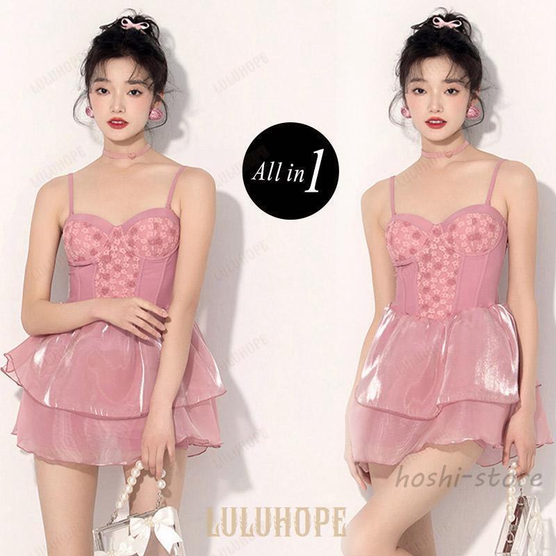 水着 レディース ワンピース オールインワン 体型カバー ビスチェ風 ハイウエスト 切り替え キャミソール 花柄 レース