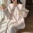 パジャマ 上下2点 部屋着 長袖 ルームウェア もこもこ レディース フリース ベロア ボタン留め 前開き 無地 厚手 折り襟 暖かい ゆったり 可愛い 冬(4)