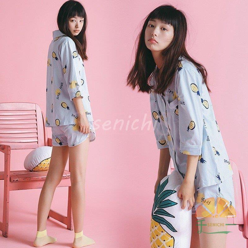 パジャマ レディース 春夏 前開き パジャマ 半袖 パイナップル柄 上下セット 韓国風 レディースルームウエア 部屋着 寝巻き ランジェリー 綿 可愛いのサムネイル