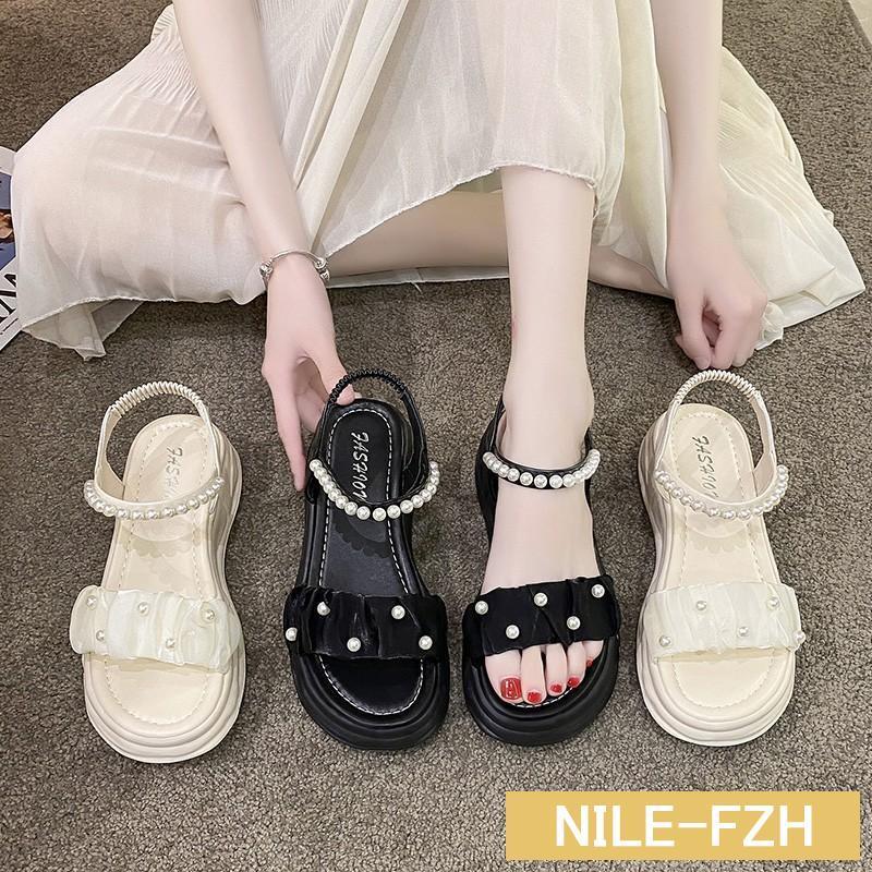 ストラップサンダルレディースサンダル夏柔らかいパール付きおしゃれ可愛いゴム履きやすい厚底美脚通勤通学