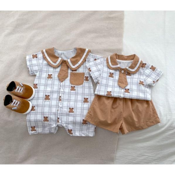 ベビー服 男の子 夏新作　クマセーラー半袖ロンパース、セットアップ春 デニム 赤...