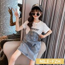 女の子 ワンピース 2点セット 韓国子供服 キッズ ジュニア 夏 デニムサロペットスカート 半袖Tシャツ 上下セット カジュアル 通園 通学 可愛い110-160cm