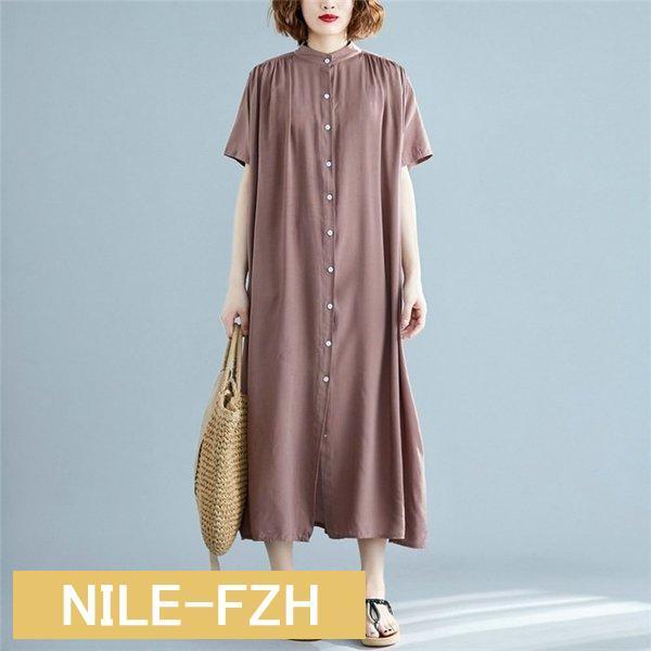 シャツワンピース ロングワンピース ワンピース レディース ロング丈 半袖 無地 体型カバー 大きいサイズ ゆったり 春 夏 コーデ 20代 30代 40代 シンプル OL