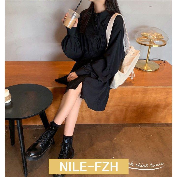 ブラウス ギャザーブラウス シャツブラウス チュニック シャツ レディース 長袖 立ち襟 冬 秋 おしゃれ ゆったり シャツワンピース ボタン付き 羽織り ギャザー