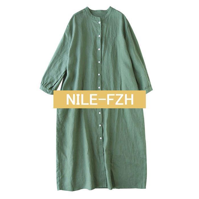 シャツワンピース 長袖 秋 春 ワンピース ハイネック レディース リネン 綿麻 無地 長袖 大きいサイズ チュニック ゆったり シャツ ワンピース