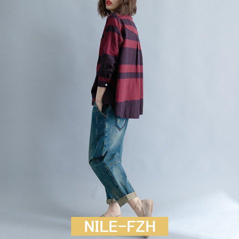 やわらかコットン 先染めチェック ブラウス レディース ゆったりトップス シャツ スモック ストライプ デザイン 長袖 七分袖 秋