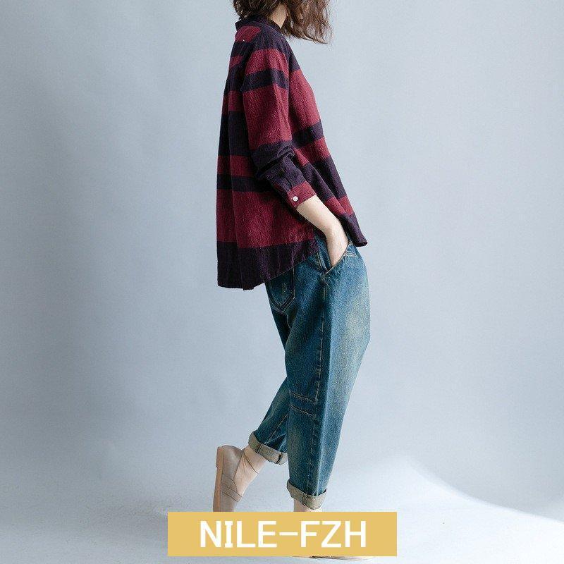 やわらかコットン 先染めチェック ブラウス レディース ゆったりトップス シャツ スモック ストライプ デザイン 長袖 七分袖 秋