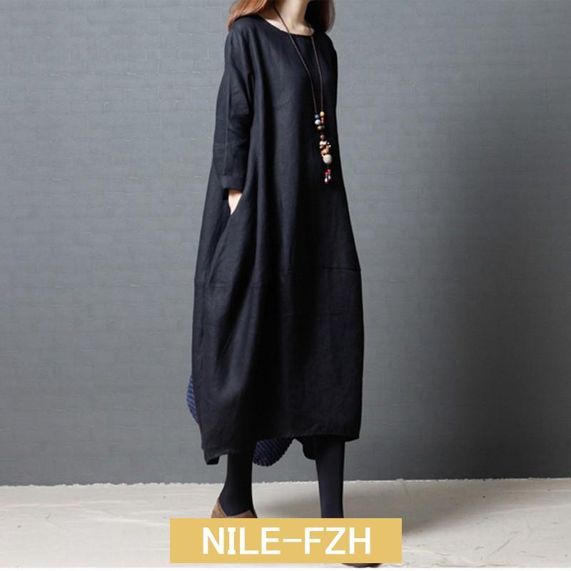ワンピース レディース 春 コットンリネン 秋 ロングワンピース 長袖 体型カバー 大きいサイズ ゆったり 着痩せ 30代 40代 50代 qc5007