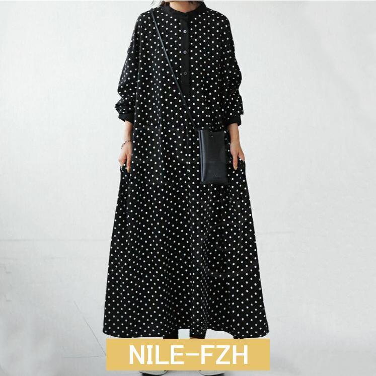 ロングワンピース 春 秋 レディース ワンピース 40代 キレイ 着痩せ シャツワンピー オシャレ ドット柄 マキシ 上品 大人 通勤 OL 体型カバー 春コーデ