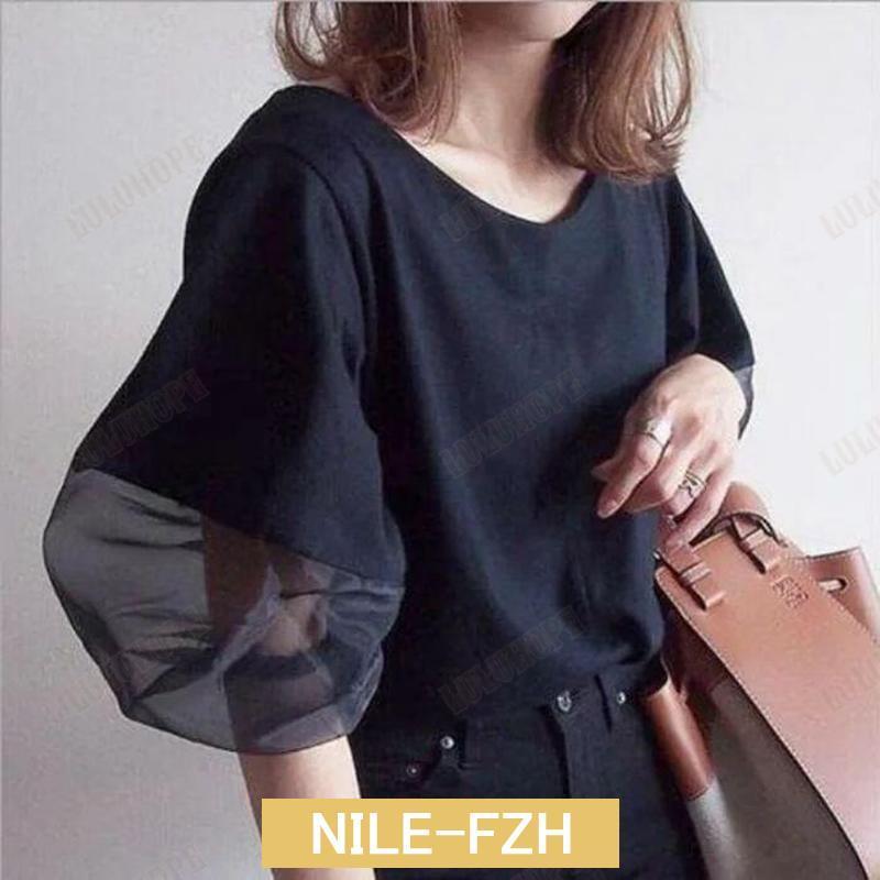 トップス ブラウス Tシャツ パフスリーブ シアー 透け感 レディース エレガント きれいめ 五分袖 カジュアル ラウンドネック おしゃれ 大人 可愛い