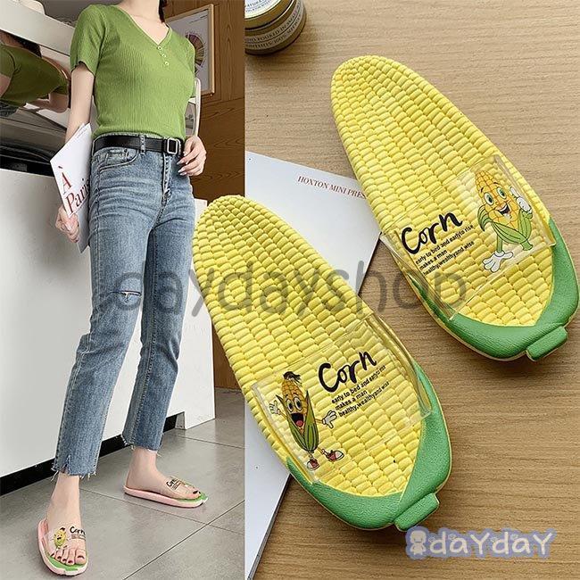 スリッパ レディース 夏スリッパ ルームシューズ 可愛い ビーサン サンダル ぺったんこ トウモロコシ ..