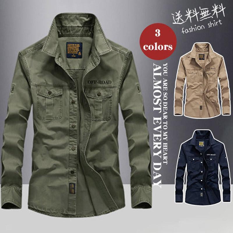ミリタリーシャツ シャツ メンズ 長袖 ワークシャツ 印字 カーゴシャツ ボタンダウンシャツ スリム アメカジ ジャケット 細身 春 秋 アウター トップス