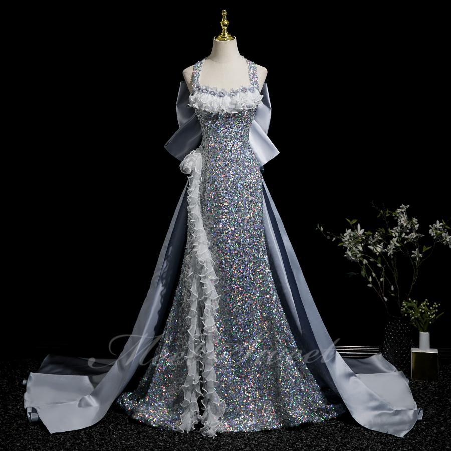 カラードレス スパンコール シルバー ノースリーブ リボン 演奏会 発表会 二次会 花嫁 ウエディング ウェディングドレス マーメイドライン マーメイドドレス