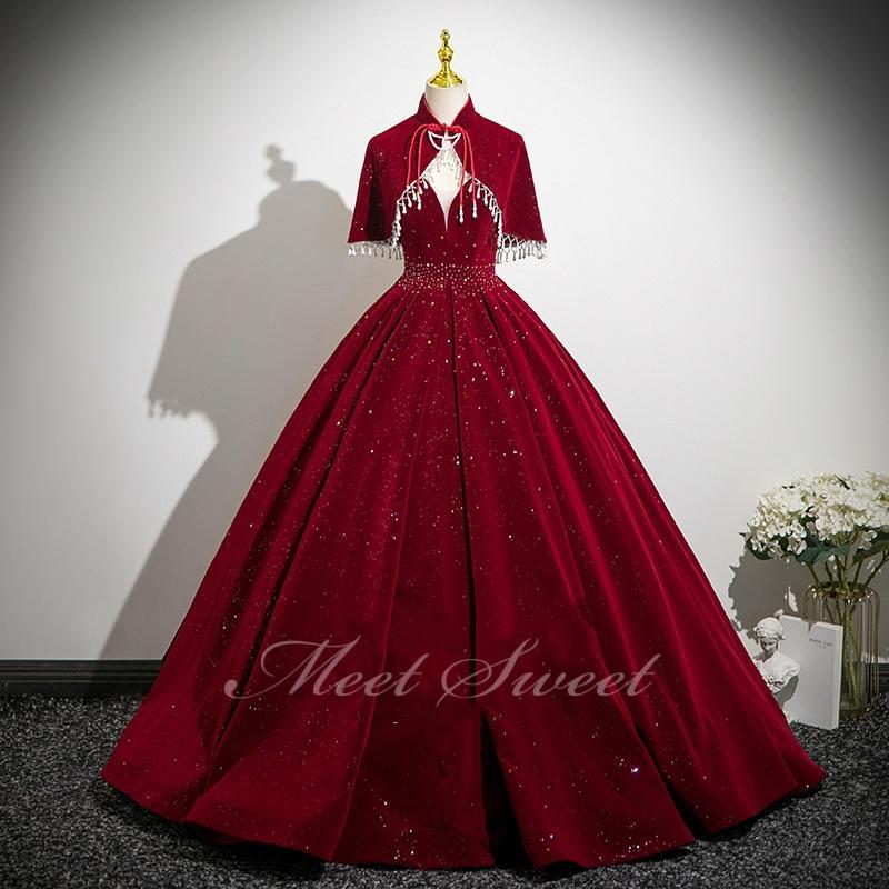 カラードレス 2点セット ベルベット ワインレッド 演奏会 発表会 二次会 花嫁 ウエディング ウェディングドレス ノースリーブ ケープ 前撮り プリンセス