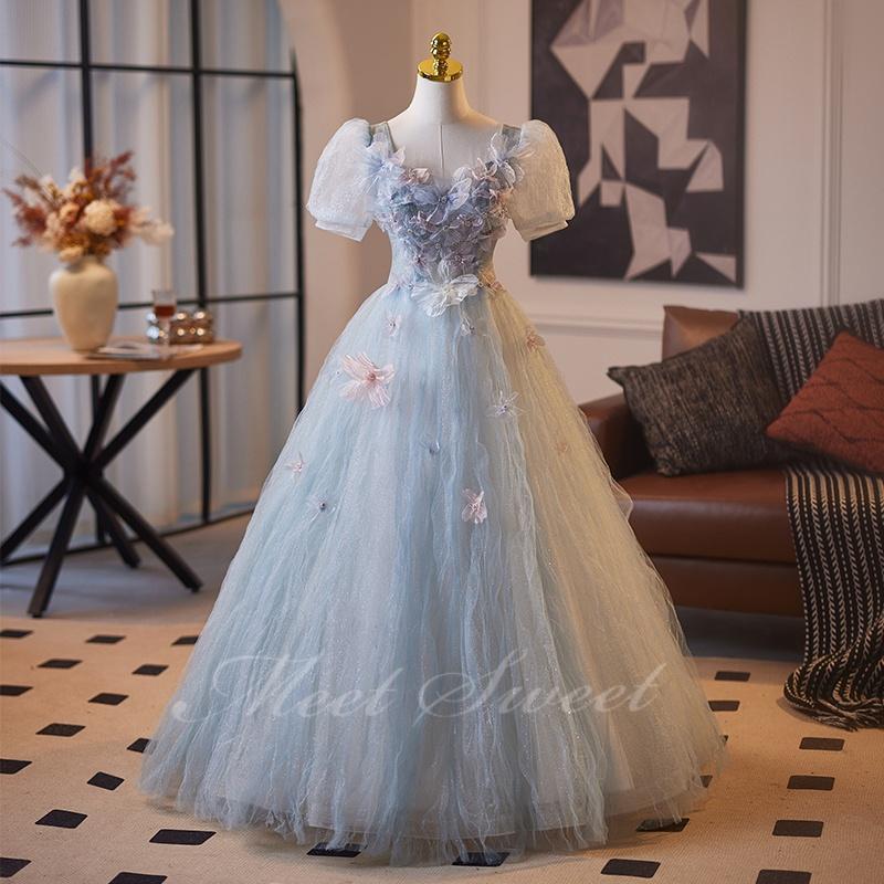 カラードレス ライトブルー パフスリーブ 演奏会 発表会 二次会 花嫁 ウエディングドレス ウェディングドレス ロングドレス Aラインドレス プリンセスドレス