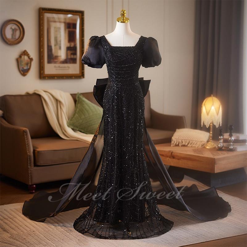 カラードレス ブラック パフスリーブ リボン 演奏会 発表会 二次会 花嫁 ウエディング ウェディングドレス マーメイドライン ロングドレス マーメイドドレス