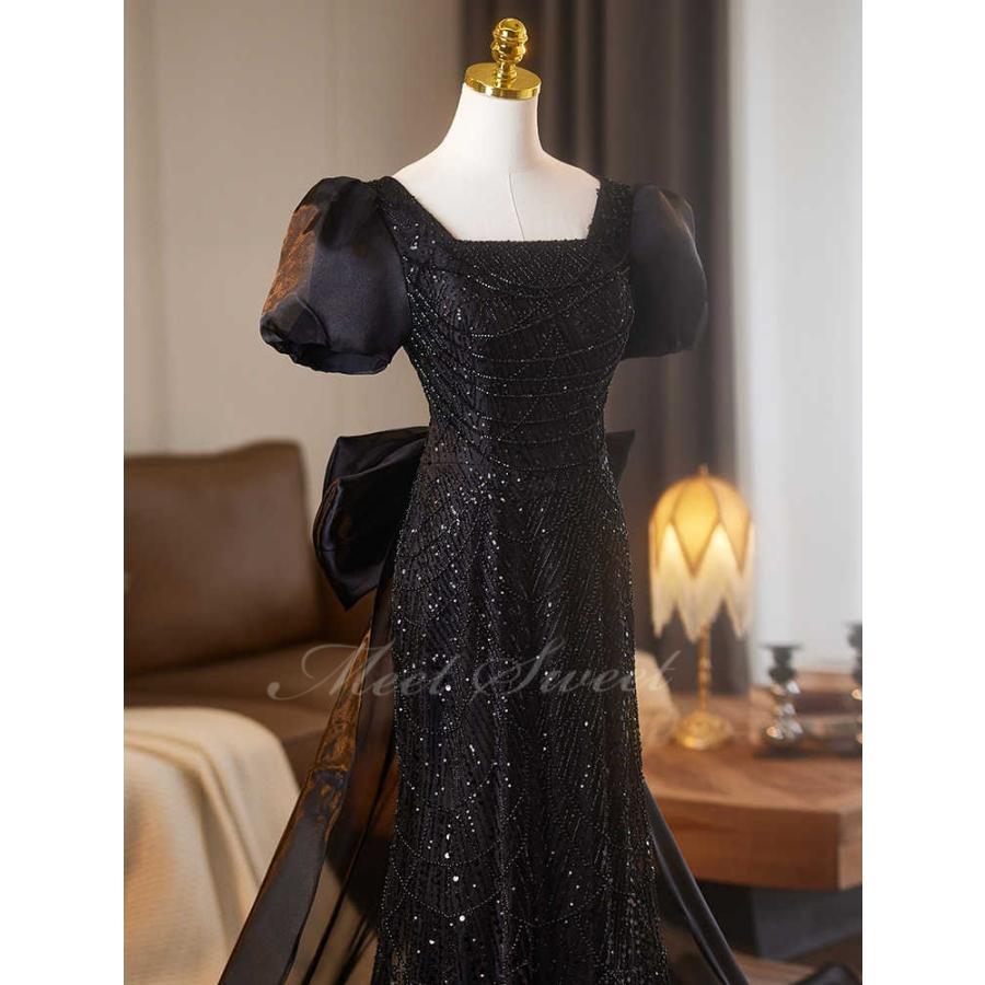 カラードレス ブラック パフスリーブ リボン 演奏会 発表会 二次会 花嫁 ウエディング ウェディングドレス マーメイドライン ロングドレス マーメイドドレス