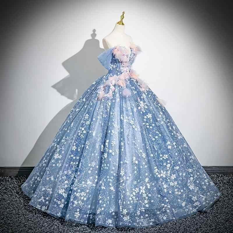 シルエットセレクトのカラードレス ブルー オフショルダー 花柄 姫系 演奏会 発表会 二次会 花嫁 ウエディングドレス ウェディングドレス ロングドレス Aライン プリンセスドレス｜アングル3