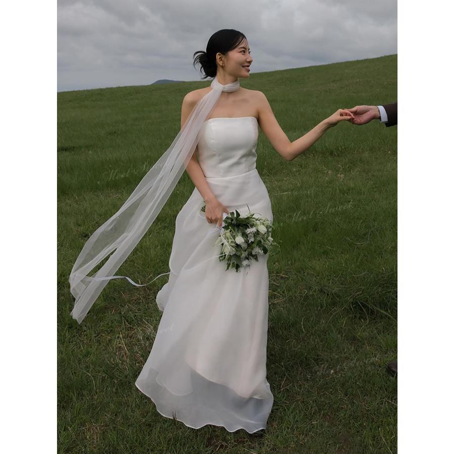 ウェディングドレス オーガンジー ベアトップ 無地 シンプル Aライン 二次会 結婚式 披露宴 前撮り 発表会 花嫁 ウエディングドレス ホワイト ブラック