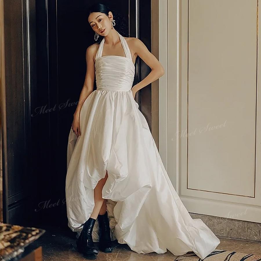 ウェディングドレス タフタ ホルダーネック 脚見せ ボリューム Aライン ロング 二次会 結婚式 披露宴 前撮り 後撮り 発表会 花嫁 ウエディングドレス 花嫁ドレス(4)