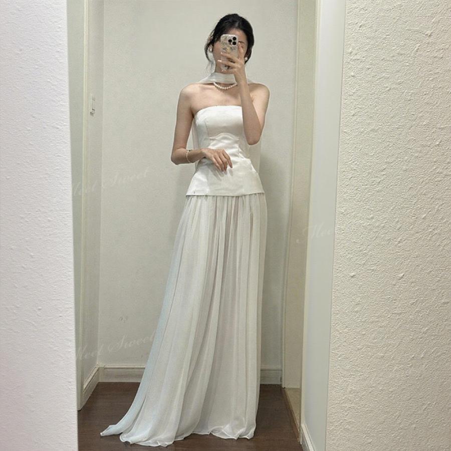 ウェディングドレス スレンダーライン サテン ベアトップ ハネムーン ロング 二次会 結婚式 披露宴 前撮り 後撮り 発表会 花嫁 ウエディングドレス 花嫁ドレス