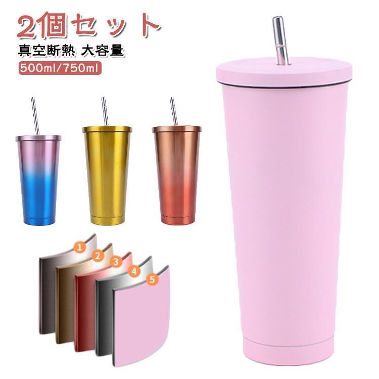 2個セット ステンレスタンブラー ストロー おしゃれ 蓋つき タンブラー 500ml 750ml 真空二重 保温 保冷 マグボトル 水筒 コーヒーカッ