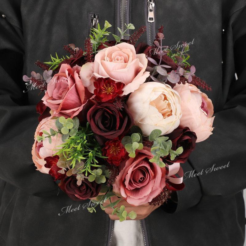 ウェディングブーケ ブライダルブーケ ラウンドブーケ ウエディングブーケ 花嫁 ブーケ 造花 可愛い 結婚式 二次会 披露宴 後撮り リゾート婚 ワインレッド 赤