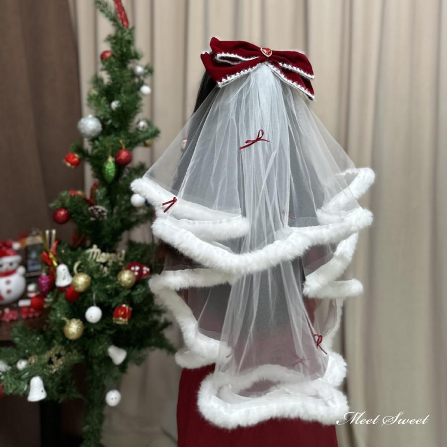 ウェディングベール ホワイト ワインレッド ミドルベール ミディアム リボン ふわふわ ロリータ クリス..